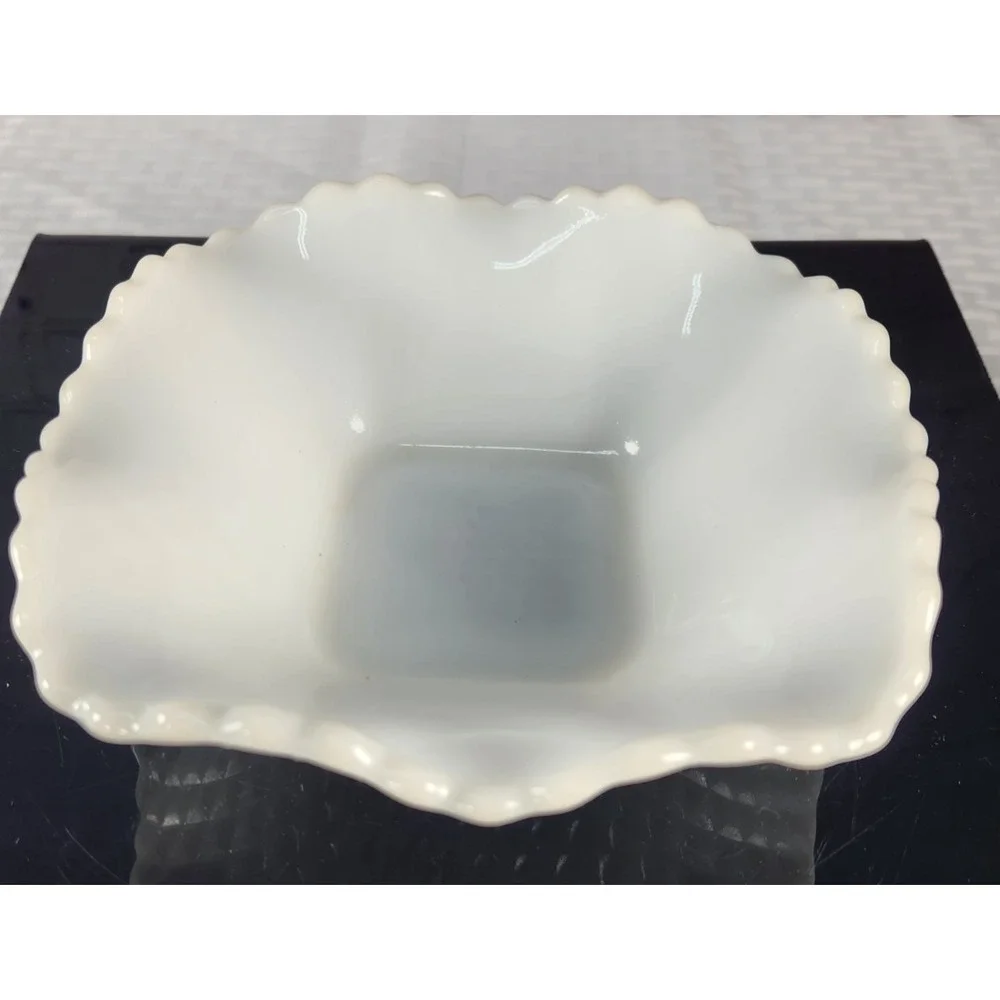 Vintage White Milk Glass Diamond Point Ruffled Edge Bowl Candy Dish Serving Dish